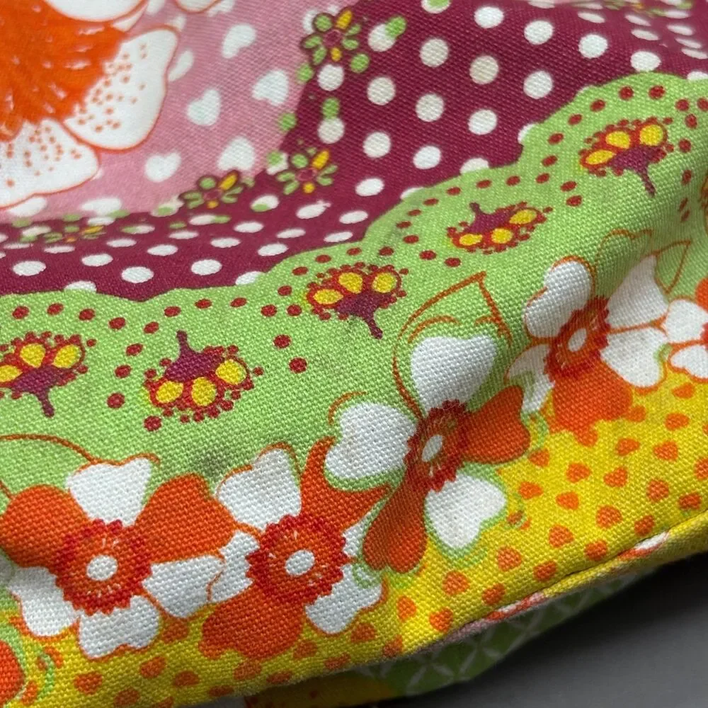 Vintage 1970s Handmade Floral Print Tote Handbag Boho Hippie Cotton Purse
